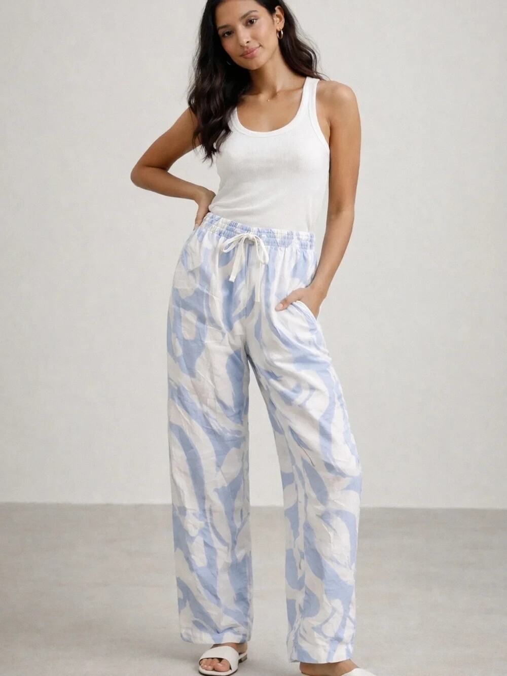 DKNY Womens Large Pants White Blue Linen Pull-on Elastic Wide Leg Coastal Beachy